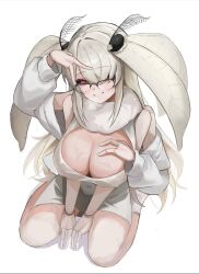  antennae arthropod_girl black-framed_eyewear black_sclera blush breasts chinese_commentary cleavage cleavage_cutout clothing_cutout colored_sclera commentary dress english_commentary extra_arms female fewer_digits full_body glasses grey_hair grin hair_over_one_eye hoangryu indie_virtual_youtuber large_breasts long_bangs long_hair looking_at_viewer mixed-language_commentary moth_girl official_art red_eyes seiza shina_tsukishiro sidelocks simple_background sitting sleeveless sleeveless_dress smile solo v_over_eye very_long_hair virtual_youtuber white_background white_dress 