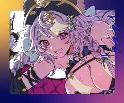  al2o3_na bare_shoulders blood blood_from_mouth blue_nails blush bow braid breasts cleavage cleavage_cutout close-up clothing_cutout commentary female framed_breasts granblue_fantasy grin hairbow hat highres jiangshi_costume official_alternate_costume outside_border purple_eyes purple_hair satyr_(granblue_fantasy) satyr_(halloween)_(granblue_fantasy) sleeveless smile solo very_long_fingernails 