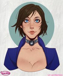  absurdres artist_name bioshock_(series) bioshock_infinite blue_eyes blue_jacket breasts brown_hair choker cleavage elizabeth_(bioshock_infinite) female highres jacket ko-fi_username looking_at_viewer open_clothes open_jacket portrait short_hair solo valentina_tavolilla web_address 