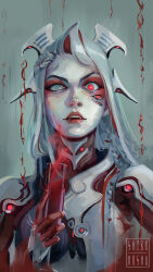  artist_name blood blood_on_hands blue_eyes bodysuit commentary ear_ornament english_commentary extra_eyes female garuda_(warframe) green_background grey_hair hair_ornament highres humanization lip_piercing long_hair looking_at_viewer multicolored_hair piercing red_eyes red_hair red_pupils shiro_kosh_a solo two-tone_hair warframe 