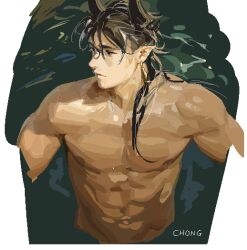  1boy arknights bara black_hair chong_yue_(arknights) code2_ip dragon_boy dragon_horns english_commentary hair_over_shoulder horns long_hair looking_to_the_side male_focus nipples nude partially_submerged pointy_ears realistic solo toned toned_male 