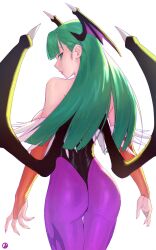  absurdres asakiiart back black_leotard bridal_gauntlets darkstalkers female green_eyes green_hair head_wings highres leotard long_hair looking_at_viewer looking_back morrigan_aensland solo wings 