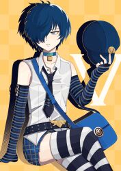  1boy absurdres bag black_necktie black_thighhighs blue_choker blue_gloves blue_hair blue_hat blue_sky blush bobamiruku cabbie_hat checkered_background choker collarbone collared_shirt cosplay crossdressing crossed_legs elbow_gloves eyelashes feet_out_of_frame fingerless_gloves gloves grey_eyes hair_over_one_eye hand_up hat highres holding lock male_focus marie_(persona_4) marie_(persona_4)_(cosplay) messenger_bag miniskirt necktie one_eye_covered otoko_no_ko padlock padlocked_collar persona persona_3 persona_4 persona_4_the_golden plaid_clothes plaid_skirt pleated_skirt shadow shirt short_hair shoulder_bag sitting skirt sky solo striped_clothes striped_gloves striped_thighhighs thighhighs two-tone_thighhighs white_shirt white_thighhighs yellow_background yuuki_makoto_(persona_3) 