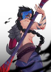  artist_name blood blood_on_face blue_hair colored_skin cowboy_shot female from_behind genderswap_(mtf) highres holding holding_weapon jixelkitty kayn_(league_of_legends) league_of_legends long_hair looking_back multicolored_hair orange_eyes red_skin rope_belt rule_63 solo sweat two-tone_hair watermark weapon white_background 