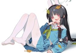  absurdres animal_ears black_hair blood blood_on_clothes blood_on_face blue_archive blue_serafuku closed_mouth fake_animal_ears feet female green_neckerchief grey_halo halo highres knee_pads knees_together_feet_apart knees_up leaf leaf_on_head legs long_hair long_sleeves looking_at_viewer miyu_(blue_archive) neckerchief no_shoes panties pantyhose pleated_skirt red_eyes ryuuforkaf school_uniform serafuku shirt shoe_print simple_background single_knee_pad skirt solo toes underwear white_background white_pantyhose 