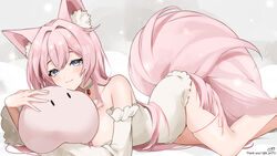  animal_ears bare_shoulders breasts choker closed_mouth collarbone commentary commission detached_sleeves female food fox_ears fox_girl fox_tail fruit grey_eyes highres indie_virtual_youtuber k_(art71) long_hair lying mochiimochii_(vtuber) on_stomach pink_hair pink_tail skeb_commission solo sparkle strawberry stuffed_toy tail thank_you twitter_username virtual_youtuber white_choker white_sleeves 