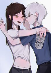  2girls akagi:_yami_ni_oritatta_tensai akagi_shigeru asahi_breweries beer_can black_pants blush brown_eyes brown_hair can chromatic_aberration closed_mouth commentary_request cowboy_shot drink_can expressionless fukumoto_mahjong genderswap_(mtf) grey_hair grey_shirt hair_between_eyes highres itou_kaiji kabedon kaiji long_hair looking_at_another medium_bangs midriff multiple_girls navel open_mouth pants red_eyes rule_63 scar scar_on_cheek scar_on_face scar_on_hand shirt short_hair short_sleeves siho_is_alien smile white_background white_shirt yuri 