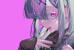  :q breasts collarbone eyes_visible_through_hair female gurumyuu hair_ornament hair_over_one_eye highres jewelry licking_lips long_hair looking_at_viewer mole mole_under_eye nijisanji purple_eyes see-through solo sukoya_kana tongue tongue_out twintails virtual_youtuber x x_hair_ornament 