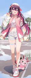  absurdres azki_(hololive) baseball_cap blush brown_hair candy character_print cloud colored_inner_hair cosplay cowengium crop_top crop_top_overhang cross-laced_footwear day female food full_body grey_shorts hair_between_eyes hammer hand_up hat highres holding holding_candy holding_food holding_hammer holding_lollipop hololive jacket kazama_iroha kazama_iroha_(cosplay) kazama_iroha_(streetwear) lollipop long_hair long_sleeves midriff multicolored_hair navel open_clothes open_jacket open_mouth outdoors pink_hair pioneer_(azki) puddle purple_eyes reflection reflective_water shadow shoes shorts sky sleeves_past_wrists sneakers solo standing streaked_hair teeth thigh_strap tree upper_teeth_only virtual_youtuber water_drop white_hair 