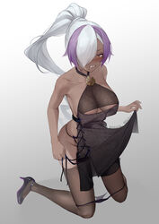  absurdres alternate_costume artist_name black_panties black_thighhighs breasts brown_eyes clenched_teeth clothes_lift commentary_request commissioner_name dark-skinned_female dark_skin dress dress_lift duel_monster female high_heels highres kneeling large_breasts long_hair multicolored_hair panties panty_pull purple_hair saw272 scowl sky_striker_ace_-_azalea teeth thighhighs underwear white_hair yu-gi-oh! 