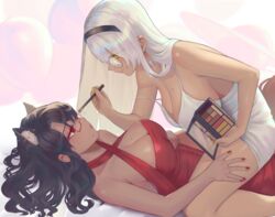  2girls animal_ear_fluff animal_ears applying_makeup black_hair black_hairband breasts cleavage commission criss-cross_halter dark-skinned_female dark_skin dress eyelashes glasses grey_choker hairband halterneck hand_on_another&#039;s_thigh highres large_breasts lesbians_doing_makeup_(meme) lips long_hair meme mole mole_on_breast mole_on_cheek multiple_girls original parted_lips red-framed_eyewear red_dress red_eyes red_nails round_eyewear rushian skeb_commission strap_slip white_dress white_hair yellow_eyes yellow_nails yuri 