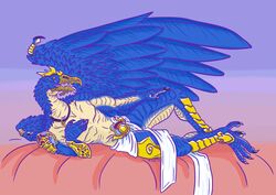  anthro armor avian avian_demon bed big_wings bird chaos_daemon corvid corvus_(genus) daemon_of_tzeentch dragoonfliy feathered_wings feathers furniture gold_(metal) gold_armor hi_res huge_wings jewelry lord_of_change lying lying_on_bed male on_bed oscine passerine pendant raven seductive shin_pads shinguards shoulder_pads solo suggestive_pose touching_chest tzeentchean_symbol unknown_character warhammer_(franchise) wings 