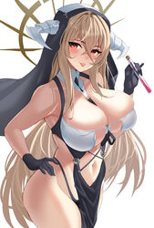  absurdres aphrodisiac azur_lane bare_shoulders between_breasts black_gloves blonde_hair bouhuuu breast_cutout breasts cleavage clothing_cutout cowboy_shot fake_horns female gloves habit hair_between_eyes halo hand_on_own_hip highres holding_vial horns implacable_(azur_lane) large_breasts long_bangs long_hair nun pelvic_curtain purple_liquid red_eyes revealing_clothes simple_background skindentation stomach_cutout tongue tongue_out veil very_long_hair white_background white_horns 