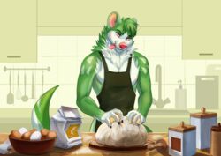  absurd_res anthro apron chlorine_artworks claws clothing dough egg flour green_body hi_res inside keey-lai_(ch0c0hare) kitchen kitchen_cabinet kitchen_utensils male mammal mustelid otter red_eyes red_nose solo tongue tools whiskers 