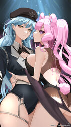  2girls aiguillette animal_ears back_tattoo bear_ears bear_girl bear_tail belt black_headwear black_leotard blue_hair breast_press breasts cleavage cleavage_cutout closed_mouth clothing_cutout collar commission earrings facial_mark hand_on_another&#039;s_hip hand_tattoo heart heart-shaped_pupils heart_facial_mark highres hoop_earrings indie_virtual_youtuber jewelry k_(art71) kuma_licious_(vtuber) leotard long_hair low_wings median_furrow milkie_(vtuber) mole mole_under_eye multiple_girls purple_eyes sideboob skeb_commission sparkle symbol-shaped_pupils symmetrical_docking tail tattoo thank_you twitter_username virtual_youtuber white_belt white_collar wings yellow_eyes yuri 