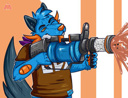  .96_gal aiming_rifle aiming_weapon anthro blue_body blue_fur bottomless bottomless_male brown_clothing brown_ink brown_shirt brown_topwear canid canine canis clothed clothing constructed_script felineelement fin firing_weapon foregrip fur generation_3_pokemon gun half_body handpaw head_tuft hi_res hybrid inkling_text liquid male mammal nintendo one_eye_closed orange_body orange_eyes orange_gills orange_nose orange_pawpads orange_scales pawpads paws pokemon pokemon_(species) ranged_weapon reflex_sight scales shirt shooting_gun simple_background smile smirk solo splatoon swampert tail tail_fin text topwear tuft weapon wolf xevy 