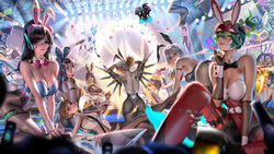  6+girls adapted_costume all_fours ana_(overwatch) android animal_ears arm_strap arms_up ashe_(overwatch) ass back_tattoo bare_shoulders bent_over black_hair black_leotard black_pantyhose blonde_hair blue_hair blue_leotard boots breasts brigitte_(overwatch) brown_eyes brown_hair card carrot chest_tattoo cleavage collarbone commentary confetti cup d.va_(overwatch) dark-skinned_female dark_skin detached_collar detached_sleeves drinking_glass earrings echo_(overwatch) english_commentary eyepatch facial_mark fake_animal_ears fake_tail fingerless_gloves fishnet_pantyhose fishnets floating freckles from_behind gloves glowing glowing_wings green_eyes green_hair half_mask highleg highleg_leotard highres jewelry junker_queen_(overwatch) kiriko_(overwatch) large_breasts leotard liang_xing lips long_hair looking_at_viewer mask mechanical_wings mei_(overwatch) mercy_(overwatch) moira_(overwatch) mole mole_above_mouth mother_and_daughter multicolored_leotard multiple_girls orisa_(overwatch) overwatch overwatch_1 overwatch_2 pantyhose parted_lips pharah_(overwatch) playboy_bunny ponytail purple_hair rabbit_ears rabbit_tail red_eyes red_lips robot rope_belt short_hair shoulder_tattoo signature sitting snowball_(overwatch) sojourn_(overwatch) sombra_(overwatch) stage strapless strapless_leotard stud_earrings suspenders symmetra_(overwatch) tail tattoo thigh_boots thigh_strap topknot tracer_(overwatch) two-tone_leotard tying_hair whisker_markings white_hair white_leotard widowmaker_(overwatch) wings wrecking_ball_(overwatch) wrist_cuffs yellow_wings yuri zarya_(overwatch) 