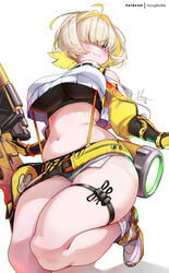  arm_guards belt black_sports_bra blonde_hair blush boomstick_(nikke) breasts clothing_cutout crop_top crop_top_overhang cropped_sweater elegg_(nikke) female gloves goddess_of_victory:_nikke grey_shorts hair_intakes hair_over_eyes highres hong_(white_spider) kneeling large_breasts long_bangs long_sleeves micro_shorts midriff navel plump purple_eyes shoes shorts shoulder_cutout smile sneakers solo sports_bra sweater thick_thighs thighs weapon white_sweater 