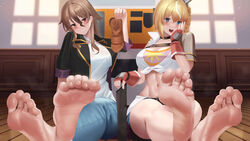  2girls bare_legs barefoot belt black_choker black_jacket blonde_hair blue_eyes blush braid breasts brown_belt brown_hair chest_belt choker cleavage commission crop_top crossed_legs denim english_commentary feet fingerless_gloves foot_focus gloves grin hair_between_eyes hand_on_own_cheek hand_on_own_face hand_up head_tilt highres holding holding_clothes holding_shoes hulemy indoors jacket jeans jidouhanbaiki_ni_umarekawatta_ore_wa_meikyuu_wo_samayou lammis_(jihanki) large_breasts legs light_particles long_braid long_hair looking_at_viewer midriff mixed-language_commentary multicolored_hair multiple_girls navel nuchitarou open_mouth pants pixiv_commission red_eyes red_gloves see-through see-through_shirt shirt shoes short_sleeves side_braid sidelocks sitting smile soles streaked_hair sunlight thighs toe_scrunch toenails toes unworn_shoes unworn_socks white_shirt wooden_floor 