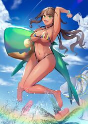  andromeda_(fate) andromeda_(second_ascension)_(fate) bandeau bare_shoulders barefoot beach bikini bikini_under_clothes blue_sky blush bracelet braid breasts brown_hair chains cleavage criss-cross_halter cross-laced_clothes crown_braid dark-skinned_female dark_skin denim fate/grand_order fate_(series) feet female full_body green_eyes grey_pants halterneck highleg highleg_bikini highres inflatable_toy jeans jewelry large_breasts long_hair looking_at_viewer low_ponytail multicolored_bikini multicolored_clothes nakaga_eri navel open_mouth pants rainbow_bikini sandals sidelocks sky smile solo swimsuit toes unworn_pants 