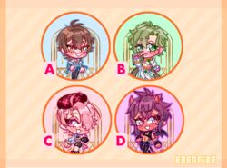  2_horns ambiguous_gender aster_(nu:_carnival) bangs beret blush blush_lines bottomwear brown_hair chibi clothing demon demon_humanoid edenfire eiden_(nu:_carnival) green_hair hair hat headgear headwear hi_res horn horned_humanoid human humanoid humanoid_pointy_ears male_(lore) mammal membrane_(anatomy) membranous_wings morvay_(nu:_carnival) not_furry nu:_carnival olivine_(nu:_carnival) pale_skin pants pink_hair purple_hair smile solo tail tailed_humanoid tan_body tan_skin vampire winged_humanoid wings 