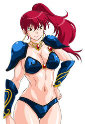  armor asagiri_youko bikini bikini_armor blue_armor blue_bikini breasts cleavage closed_mouth female genmu_senki_leda hand_on_own_hip manabe_jouji midriff pauldrons ponytail shoulder_armor simple_background smile solo swimsuit thighs white_background 