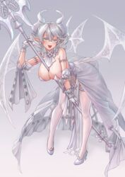  absurdres between_breasts breasts cleavage commission demon_girl demon_horns demon_wings dress duel_monster female gloves grey_eyes highres horns large_breasts looking_at_viewer lovely_labrynth_of_the_silver_castle low_wings pixiv_commission pointy_ears silentcity smile solo transparent_wings twintails white_hair white_horns wings yu-gi-oh! 