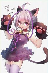  animal_ears animal_hands antenna_hair azure_striker_gunvolt bare_shoulders cat_ears cat_tail dress female gloves joule_(gunvolt) paw_gloves puffy_dress purple_dress purple_hair short_hair simple_background solo strapless strapless_dress tail thighhighs twitter_username white_background white_thighhighs zukoko_rkgk 