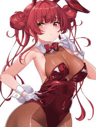  absurdres alternate_costume blush bodystocking bow bowtie breasts cleavage closed_mouth covered_navel double_bun female gloves hair_bun hand_on_own_hip heterochromia highres hololive houshou_marine large_breasts leotard long_hair looking_at_viewer playboy_bunny red_bow red_bowtie red_eyes red_hair red_leotard simple_background solo virtual_youtuber white_background white_gloves wrist_cuffs yellow_eyes yunon_oto_mad 