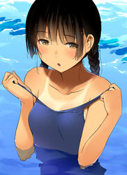  bare_arms bare_shoulders black_hair blue_one-piece_swimsuit braid breasts brown_eyes chigawa_kon clothes_pull collarbone commentary_request competition_school_swimsuit female hattori_mitsuru highres kaijuu_iro_no_shima long_hair looking_at_viewer one-piece_swimsuit one-piece_swimsuit_pull one-piece_tan outdoors parted_lips partially_submerged school_swimsuit small_breasts solo swimsuit tan tanlines twin_braids upper_body water 