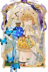  arabian_clothes armlet bity3155660241 blue_butterfly border bug butterfly circlet closed_mouth colored_eyelashes cowboy_shot dripping female flower full_moon hand_on_own_chin holding holding_lantern hoshizora_rin lace-trimmed_skirt lace_trim lantern leaf lily_pad love_live! love_live!_school_idol_project midriff moon navel night night_sky orange_hair outdoors outside_border picture_frame pink_lips plaid plaid_skirt purple_sky red_skirt rose see-through see-through_veil shirt short_hair skirt sky smile solo star_(sky) starry_sky tassel veil white_border white_flower white_rose white_veil yellow_eyes yellow_shirt 