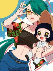  2girls ahoge androgynous arched_bangs asymmetrical_bangs black_camisole black_hair blue_pants camisole collarbone crop_top green_hair hat highres long_hair midriff mochi_(g_mochi) multiple_girls navel open_clothes open_shirt pants pokemon pokemon_sv ponytail poppy_(pokemon) print_shirt red_eyes reverse_trap rika_(pokemon) shirt sun_hat sunglasses tinted_eyewear v-shaped_eyebrows white_shirt yellow-tinted_eyewear 