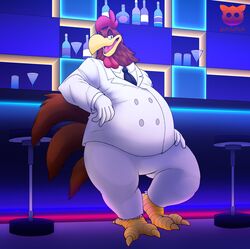  absurd_res alcohol anthro avian beak belly beverage bird chicken clothed clothing doritomon feathers feet foghorn_leghorn galliform gallus_(genus) hi_res looking_at_viewer looney_tunes male necktie open_mouth overweight phasianid solo suit the_looney_tunes_show warner_brothers 