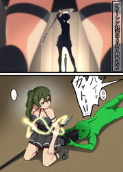  ... 2girls 2others absurdres bare_shoulders belt bodysuit breasts camera commentary_request green_hair highres holding holding_camera holding_weapon kneeling lying multiple_girls multiple_others munyura on_stomach purple_eyes side_ponytail sorganeil sousou_no_frieren spoken_ellipsis thigh_strap translated ubel_(sousou_no_frieren) weapon 