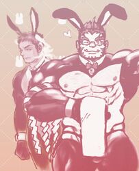  2boys bad_id bad_twitter_id bara bare_pectorals brown_theme bunny_day colored_skin crossdressing crotchless crotchless_pantyhose facial_hair forked_eyebrows glasses goatee goatee_stubble gradient_skin hachimaki head_wings headband hermes_(housamo) inactive_account large_pectorals latex long_sideburns looking_at_viewer male_focus male_playboy_bunny mature_male meme_attire multiple_boys muscular muscular_male mutton_chops nejiri_hachimaki nipples one_eye_closed pantyhose pectorals rabbit_tail red_skin reverse_bunnysuit reverse_outfit short_hair shrug_(clothing) sideburns smile sparse_chest_hair straight-on stubble sweatdrop tail tajikarao_(housamo) teriyaki_(gqtne7ymkx71079) thick_eyebrows tokyo_afterschool_summoners tusks wings wink_heart wrist_cuffs yaoi 