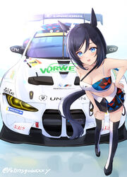  absurdres alternate_costume animal_ears bare_shoulders bbs_(wheel) black_hair bmw bmw_m4 bmw_team_studie breasts car eishin_flash_(umamusume) female highres horse_ears horse_girl horse_tail looking_at_viewer michelin michelin_man motor_vehicle open_mouth peteron petronas race_queen race_vehicle racecar short_hair skirt smile solo spoiler_(automobile) super_gt tail umamusume 