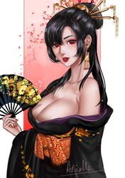  alternate_costume arialla_draws bare_shoulders black_eyebrows black_hair black_kimono breasts cleavage cosplay earrings female final_fantasy final_fantasy_vii final_fantasy_vii_rebirth final_fantasy_vii_remake gold hair_ornament hand_fan japanese_clothes jewelry kimono madam_m madam_m_(cosplay) ponytail print_kimono red_eyes red_lips sidelocks smile solo swept_bangs tifa_lockhart wide_sleeves 