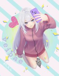  artist_name bad_id bad_pixiv_id blue_eyes blush cellphone character_name feline female heart holding holding_phone indie_virtual_youtuber jacket logo long_hair looking_up no_pants parted_lips phone senoka smartphone smile solo thighhighs track_jacket twitch.tv vei_(vtuber) vei_(vtuber)_(1st_costume) very_long_hair virtual_youtuber white_hair 