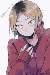  1boy absurdres brown_eyes brown_hair character_name haikyuu!! highres jacket kozume_kenma long_sleeves looking_away male_focus mikuwwwm multicolored_hair roots_(hair) short_hair simple_background sleeves_past_wrists solo twitter_username two-tone_hair upper_body white_background 