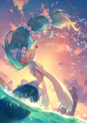  beads blue_hair closed_eyes evening flippers highres kemonomichi_(blue_black) long_hair low-tied_long_hair partially_submerged partially_underwater_shot pokemon pokemon_(creature) primarina rock solo starfish_hair_ornament sunset water wet wet_hair whipping_hair 