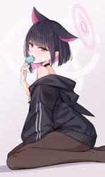  animal_ears bare_shoulders black_hair black_jacket black_pantyhose blue_archive blush brown_pantyhose cat_ears choker colored_inner_hair extra_ears female food hair_ornament hairclip halo hand_up highres holding holding_food hood hooded_jacket jacket kazusa_(blue_archive) kneeling long_sleeves looking_at_viewer looking_to_the_side macaron multicolored_hair no_shoes off_shoulder open_mouth pantyhose pink_halo red_eyes short_hair sidelocks solo tongue twitter_username yellowpaint. 