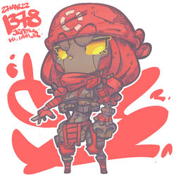  1boy animification apex_legends bandana chibi classic_revenant dated highres humanoid_robot jrpencil loincloth looking_to_the_side male_focus orange_eyes red_bandana revenant_(apex_legends) robot science_fiction simulacrum_(titanfall) solo standing thick_eyebrows v-shaped_eyebrows white_background 