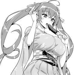  ahoge azur_lane blush breasts chocolate_banana female food greyscale holding holding_food honolulu_(among_the_stalls)_(azur_lane) honolulu_(azur_lane) hori_(hori_no_su) japanese_clothes kimono large_breasts long_hair monochrome official_alternate_costume open_mouth sexually_suggestive short_sleeves simple_background solo tongue tongue_out twintails white_background 