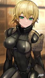  :3 blonde_hair bodysuit breasts commission female frogs_(metal_gear) green_eyes highres looking_at_viewer medium_breasts metal_gear_(series) metal_gear_solid metal_gear_solid_4:_guns_of_the_patriots original short_hair signature sitting skeb_commission skin_tight smile solo sunao_(70_the) 