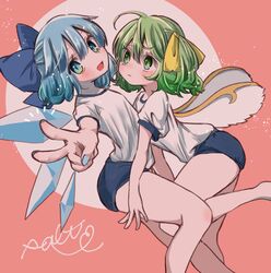  2girls absurdres ahoge bare_legs blue_bow blue_buruma blue_eyes blue_hair blue_nails bow buruma cirno commentary commission daiyousei english_commentary fairy fairy_wings green_eyes green_hair gym_uniform hairbow highres ice ice_wings legs looking_at_another looking_at_viewer multiple_girls salt_(seasoning) shirt short_hair skeb_commission thighs touhou v white_shirt wings yellow_bow 