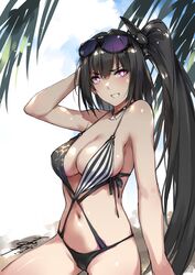  architect_(girls&#039;_frontline) architect_(nvw_model)_(girls&#039;_frontline) black_hair breasts eyewear_on_head female girls&#039;_frontline grin highres long_hair medium_breasts official_alternate_costume one_side_up pink_eyes sangvis_ferri smile solo swimsuit very_long_hair zen_juraku 