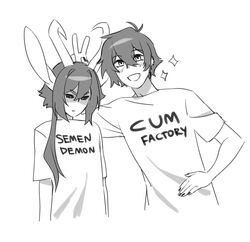  2boys :d asmo_(matemi) bad_id bad_twitter_id black_sclera bunny_ears_prank clothes_writing colored_sclera commentary cropped_torso english_commentary english_text fuck-me_shirt greyscale highres horns large_ears male_focus matching_outfits matemi meme_attire monochrome multiple_boys original sexually_suggestive shirt short_hair short_sleeves simple_background smile sparkle t-shirt white_background yaoi 