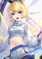  :d absurdres bare_shoulders belt black_pantyhose blonde_hair blue_belt blue_eyes bow breasts buckle clothing_cutout collarbone commentary cowboy_shot crop_top digital_media_player earphones exposed_pocket fangs female hairbow high_collar highres holding kagamine_rin long_sleeves looking_at_viewer midriff navel open_mouth pantyhose ready_steady_(vocaloid) short_hair short_shorts shorts shoulder_cutout shrug_(clothing) sidelocks small_breasts smile snap-fit_buckle solo song_name soramame_pikuto sports_bra standing swept_bangs turtleneck vocaloid white_shorts white_sleeves white_sports_bra 