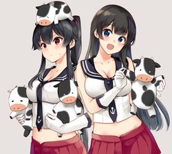  2girls agano_(kancolle) anchor_symbol black_hair blush breasts cleavage closed_mouth elbow_gloves gloves grey_background hair_between_eyes holding holding_stuffed_toy ichinomiya_(blantte) kantai_collection large_breasts long_hair midriff multiple_girls navel necktie on_head open_clothes open_mouth ponytail red_eyes red_skirt sailor_collar school_uniform serafuku sidelocks simple_background skirt smile stuffed_animal stuffed_cow stuffed_toy sweat white_gloves yahagi_(kancolle) 