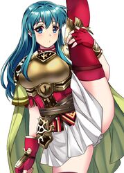  aqua_eyes aqua_hair armor blush boots breastplate cape eirika_(fire_emblem) female fingerless_gloves fire_emblem fire_emblem:_the_sacred_stones fire_emblem_heroes gloves leg_lift long_hair looking_at_viewer maji_(majibomber) shoulder_armor simple_background skirt solo thigh_boots thighhighs zettai_ryouiki 